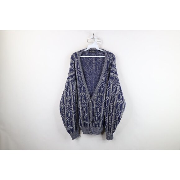 Vtg 90s Coogi Style Mens Medium Distressed Ed Bassmaster Knit Cardigan Sweater - Picture 1 of 9